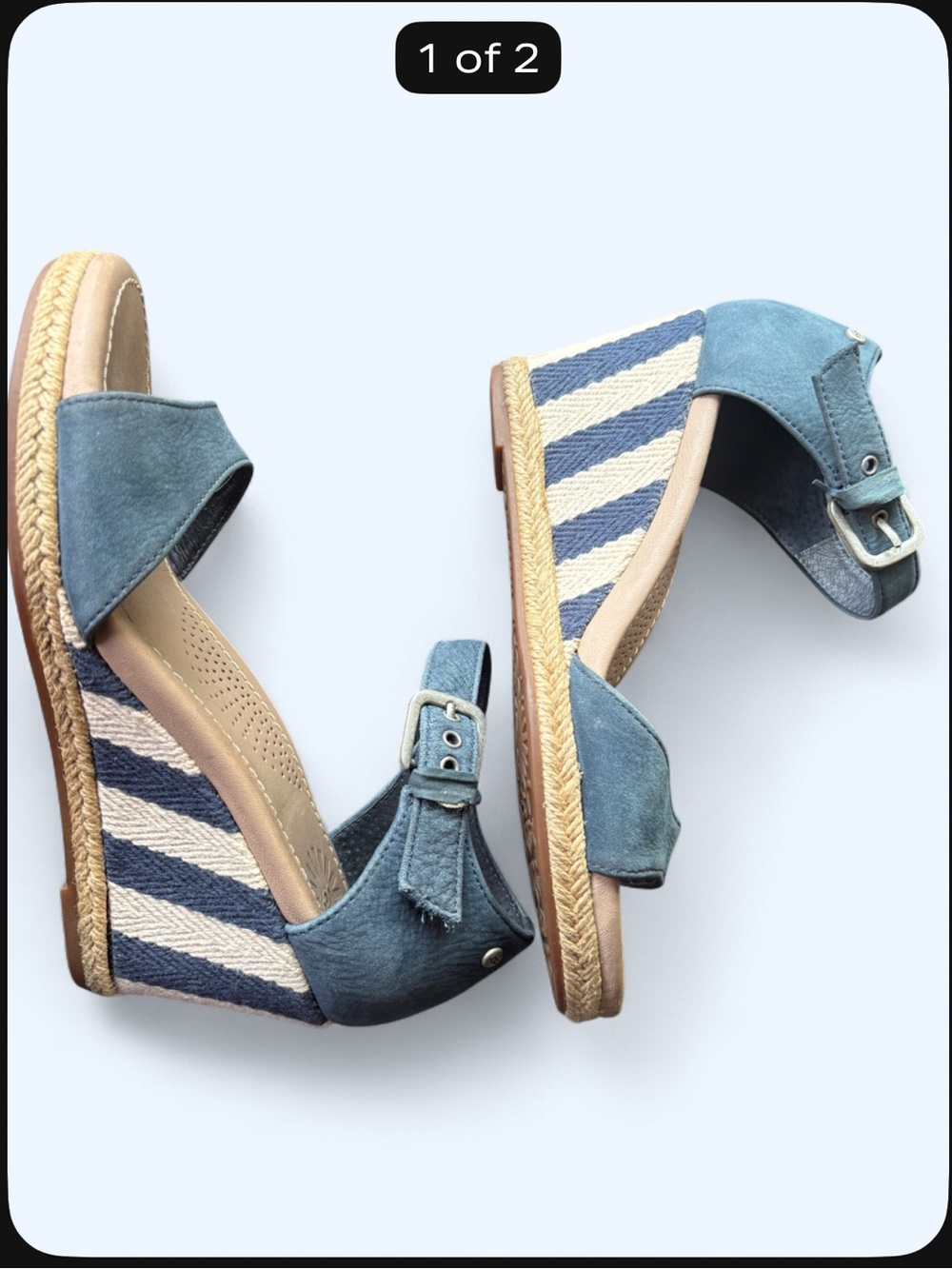 UGG women’s  Blue Espadrille Wedge Sandals with Striped bottom size 5